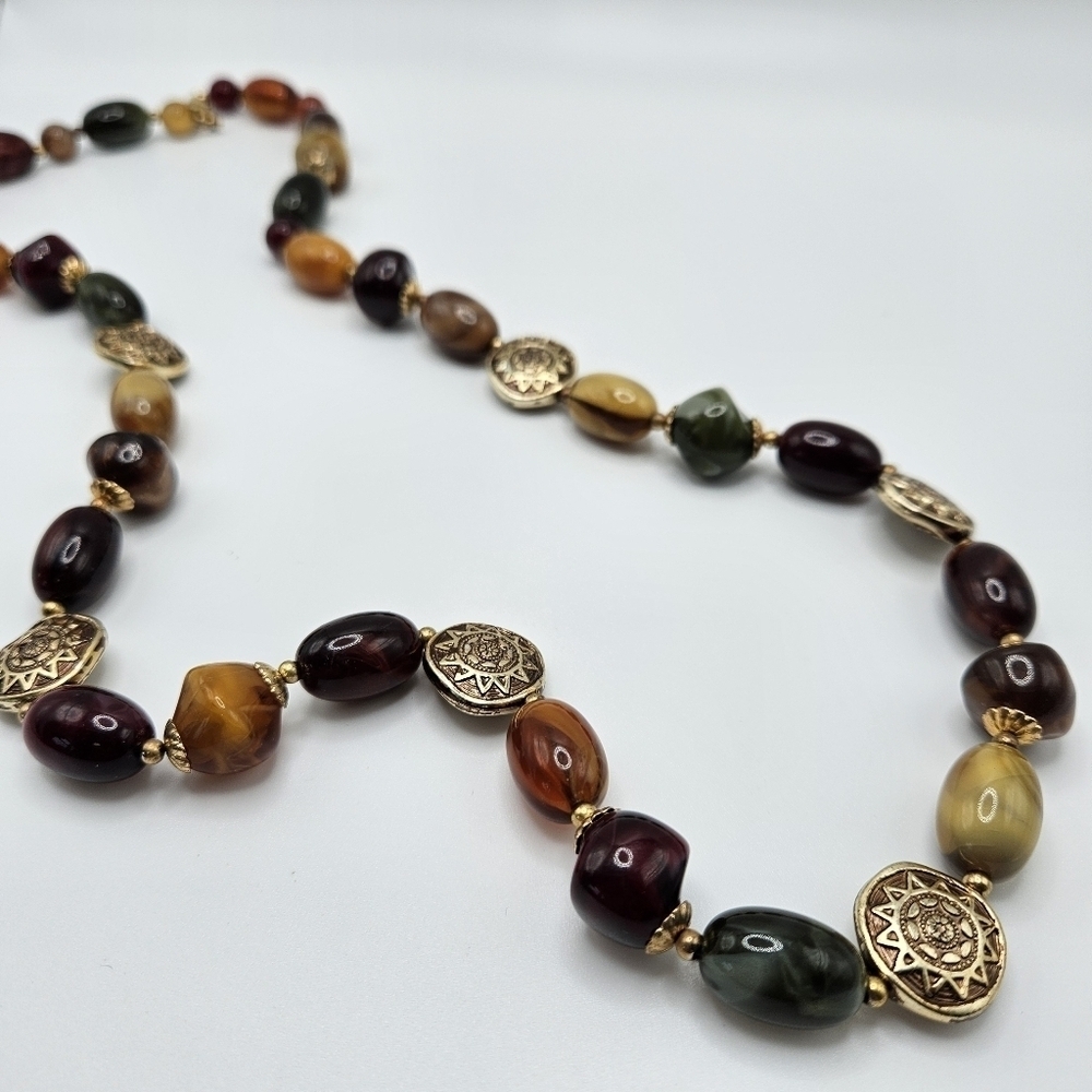 VINTAGE Earth Tones and Sun Plastic Beaded Strand 30" Necklace